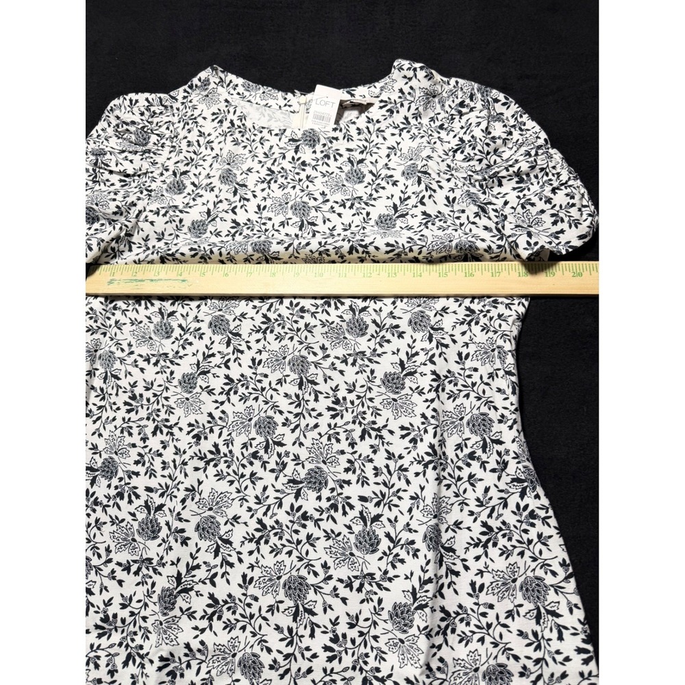 LOFT Black White Floral Print Puff Sleeve Knee Length Dress Size Medium - Picture 6 of 13